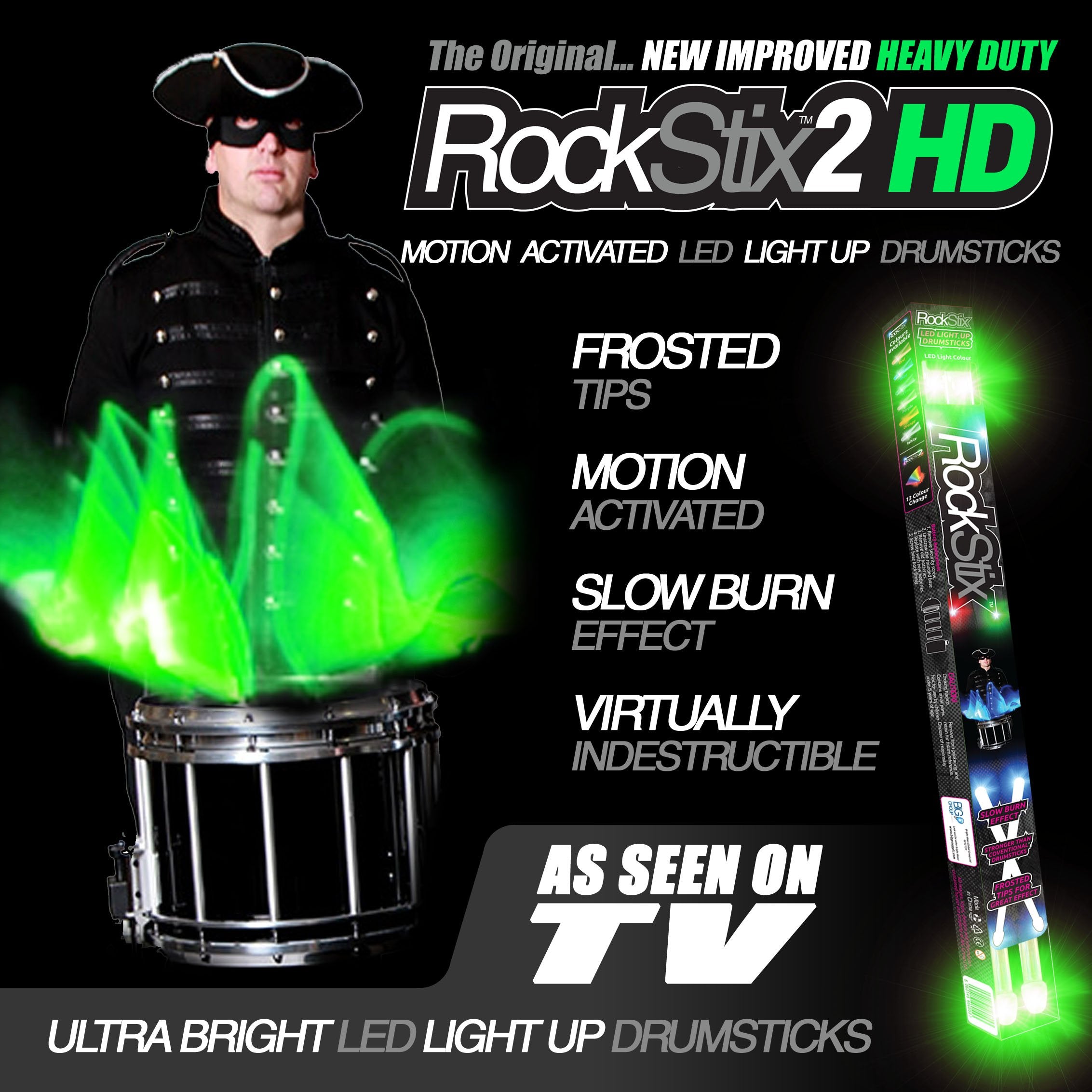 Rockstix 2 Hd Green, Bright Led Light Up Drumsticks, With Fade Effect, Set Your Gig On Fire! (Green Rockstix)
